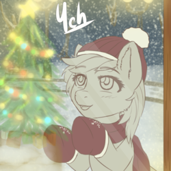 Size: 2400x2400 | Tagged: safe, artist:mintjuice, pony, admiration, advertisement, christmas, christmas tree, clothes, commission, female, hat, high res, holiday, lamp, mare, mittens, scarf, snow, snowfall, store, tree, window, winter, your character here