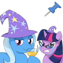 Size: 3991x3991 | Tagged: safe, artist:reconprobe, trixie, twilight sparkle, pony, unicorn, g4, 4chan, cider, crying, duo, female, glass, glasses, hat, high res, mare, meme, sticky
