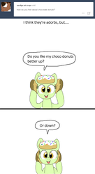 Size: 645x1187 | Tagged: safe, artist:askdonutstoles, oc, oc only, oc:donut stoles, earth pony, pony, tumblr:ask donut stoles, 2 panel comic, ask, comic, dialogue, donut, female, food, looking at you, mare, open mouth, simple background, smiling, solo, tumblr, white background