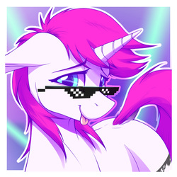 Size: 1062x1062 | Tagged: safe, artist:fanch1, oc, oc only, oc:cheesy-shades, pony, unicorn, bust, deal with it, dock, female, glasses, portrait, solo, sunglasses, swag glasses, tongue out