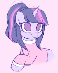 Size: 2160x2727 | Tagged: safe, artist:moozua, twilight sparkle, pony, unicorn, g4, alternate hairstyle, clothes, cute, female, high res, mare, no pupils, ponytail, shirt, simple background, sketch, smiling, solo, unicorn twilight