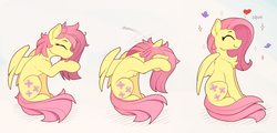 Size: 2580x1235 | Tagged: safe, artist:yakovlev-vad, fluttershy, butterfly, pegasus, pony, :t, behaving like a cat, cheek fluff, chest fluff, cute, daaaaaaaaaaaw, eyes closed, female, floating heart, fluffy, gray background, grooming, happy, heart, high res, hnnng, leg fluff, licking, mare, messy mane, mlem, onomatopoeia, precious, profile, raised hoof, rubbing, shoulder fluff, shyabetes, side view, silly, simple background, sitting, slim, smiling, solo, sparkles, spread wings, squee, sweet dreams fuel, tongue out, weapons-grade cute, wing fluff, wings, yakovlev-vad is trying to murder us