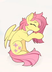 Size: 895x1235 | Tagged: safe, artist:yakovlev-vad, fluttershy, pegasus, pony, g4, behaving like a cat, chest fluff, cute, eyes closed, female, grooming, licking, mare, profile, shyabetes, simple background, slender, smiling, solo, thin, tongue out