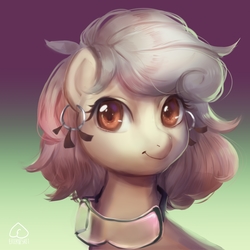 Size: 3700x3700 | Tagged: safe, artist:effervesket, oc, oc only, oc:osha, earth pony, pony, digital art, ear piercing, earring, female, goggles, gradient background, high res, jewelry, looking at you, mare, piercing, signature, smiling, solo, ych result