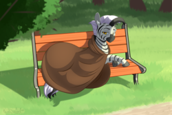 Size: 1024x683 | Tagged: safe, alternate version, artist:mercurial64, oc, oc only, oc:silent lance, pony, zebra, bench, clothes, coat, looking at you, lying, solo, unamused