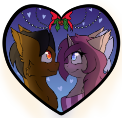 Size: 2700x2600 | Tagged: safe, artist:recat, oc, oc only, oc:kraggera, oc:mochaswirl, earth pony, pony, unicorn, blushing, bow, christmas, clothes, digital art, female, hair bow, heart, high res, holly, holly mistaken for mistletoe, looking at each other, male, mare, mochagera, oc x oc, scarf, shipping, signature, smiling, stallion, straight, ych result