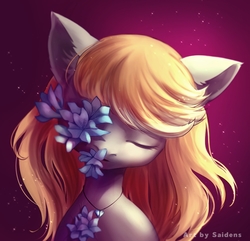 Size: 1282x1238 | Tagged: safe, artist:saidens, oc, oc only, oc:silver hush, earth pony, pony, blonde hair, blonde mane, bust, digital art, ear fluff, eyes closed, female, flower, gradient background, head tilt, jewelry, mare, necklace, portrait, signature, solo, ych result