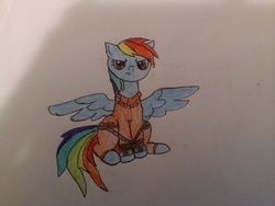 Size: 3264x2448 | Tagged: safe, artist:yurifica, rainbow dash, pony, g4, clothes, cuffs, female, high res, prison outfit, prisoner, prisoner rd, rope, solo, traditional art