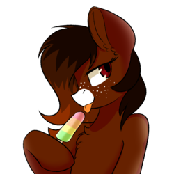 Size: 1000x1000 | Tagged: safe, artist:cancer742, oc, oc only, oc:java, earth pony, pony, chest fluff, digital art, ear fluff, female, food, freckles, mare, popsicle, red eyes, simple background, tongue out, transparent background, ych result