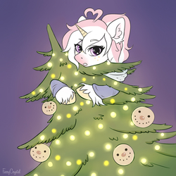 Size: 2000x2000 | Tagged: safe, artist:furrycrystal, oc, oc only, pony, unicorn, christmas, christmas tree, clothes, digital art, female, gradient background, high res, holiday, looking at you, mare, signature, simple background, solo, sweater, tree, ych result