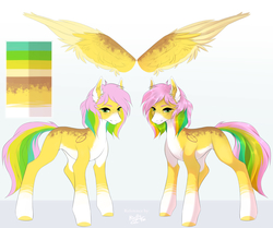 Size: 4185x3500 | Tagged: safe, artist:kindly-fox, oc, oc only, pegasus, pony, amputee, digital art, ear fluff, female, freckles, high res, mare, multicolored hair, multicolored mane, multicolored tail, reference sheet, signature, smiling, solo, ych result