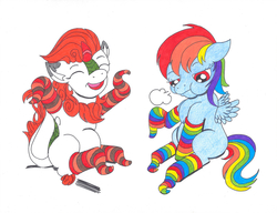 Size: 2186x1676 | Tagged: safe, artist:jamestkelley, autumn blaze, rainbow dash, kirin, pegasus, pony, g4, sounds of silence, armpits, awwtumn blaze, clothes, cute, dashabetes, duo, female, filly, filly rainbow dash, grumpy, grumpy dash, happy, rainbow socks, simple background, snorting, socks, striped socks, traditional art, white background, younger