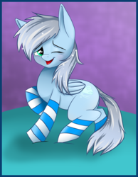 Size: 2172x2800 | Tagged: safe, artist:kamisha, oc, oc only, oc:arctic breeze, pegasus, pony, clothes, digital art, female, folded wings, high res, mare, one eye closed, open mouth, signature, socks, solo, striped socks, wings, wink, ych result