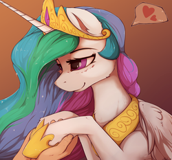 Size: 1280x1195 | Tagged: safe, artist:blackkaries, princess celestia, alicorn, human, pony, g4, beautiful, cute, cutelestia, female, gradient background, hand, heart, holding hooves, hoof shoes, human on pony hoof holding, mare, offscreen character, peytral, pictogram