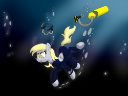Size: 1500x1125 | Tagged: safe, artist:uwdr-64, derpy hooves, pony, g4, air tank, bubble, dive mask, goggles, scuba gear, swimming, underwater, wetsuit