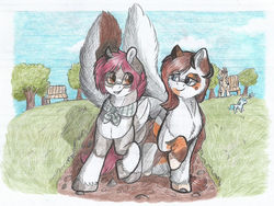 Size: 1024x768 | Tagged: safe, artist:69beas, oc, earth pony, pegasus, pony, fluffy, smiling, traditional art