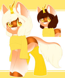 Size: 1074x1280 | Tagged: safe, artist:adostume, oc, oc only, kirin, pony, adoptable, clothes, freckles, horn, kirin oc, looking at you, reference sheet, scales, scarf, solo, stockings, thigh highs
