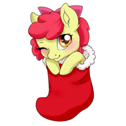 Size: 688x688 | Tagged: safe, artist:tokokami, apple bloom, earth pony, pony, g4, adorabloom, christmas, christmas stocking, cute, female, filly, holiday, one eye closed, simple background, solo, transparent background, wink
