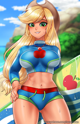 Size: 750x1160 | Tagged: safe, artist:racoonsan, applejack, human, equestria girls, equestria girls series, forgotten friendship, g4, abs, adorasexy, applejack's beach shorts swimsuit, applejack's hat, applejacked, beach, belly button, big breasts, breasts, busty applejack, clothes, cowboy hat, cute, female, freckles, geode of super strength, hat, jackabetes, jewelry, looking at you, magical geodes, midriff, muscles, necklace, ocean, sand, sexy, solo, stupid sexy applejack, surfboard, swimsuit, thighs