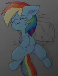 Size: 1280x1668 | Tagged: safe, artist:temmie720, rainbow dash, pegasus, pony, g4, bed, crying, eyes closed, female, folded wings, hooves to the chest, mare, on back, on bed, pillow, sad, solo, teary eyes, wings