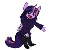 Size: 2380x1908 | Tagged: safe, artist:duop-qoub, twilight sparkle, alicorn, anthro, descended twilight, g4, clothes, collar, female, looking at you, open mouth, pants, shoes, simple background, smiling, solo, sweater, tumblr, tumblr 2018 nsfw purge, twilight sparkle (alicorn), white background, wings