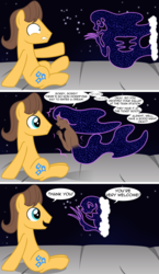 Size: 2891x5000 | Tagged: safe, artist:badumsquish, derpibooru exclusive, caramel, oc, oc:lacuna, earth pony, pony, satyr, g4, bait and switch, bashful, clothes, comic, dialogue, dream walker, duo, everything went better than expected, eye contact, female, floating, freckles, grin, happy, interspecies offspring, looking at each other, male, offspring, open mouth, parent:oc:anon, parent:oc:generic messy hair anime anon, parent:tantabus, partial nudity, scared, shoulder freckles, sitting, smiling, strategically covered, topless
