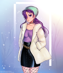 Size: 789x920 | Tagged: safe, artist:draltruist, starlight glimmer, human, g4, beanie, beautiful, clothes, female, fishnet stockings, hair over one eye, hand in pocket, hat, humanized, leather, leather skirt, miniskirt, pantyhose, skirt, solo