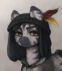 Size: 2448x2796 | Tagged: safe, artist:moru, oc, oc only, oc:indikashigo, pony, zebra, beanie, clothes, dreadlocks, feather, hat, high res, hoodie, looking at you, solo, traditional art