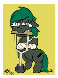 Size: 600x800 | Tagged: safe, artist:mattdrawstoons, derpibooru exclusive, oc, oc only, oc:minus, earth pony, pony, broken leg, cast, colored, crutches, crying, injured, looking at you, male, pain, simple background, solo, standing