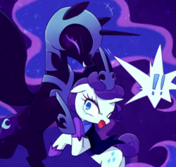 Size: 1280x1212 | Tagged: safe, artist:kkmrarar, nightmare moon, rarity, alicorn, pony, unicorn, g4, alternate timeline, clothes, duo, duo female, exclamation point, eyes closed, female, grin, helmet, lesbian, mare, night maid rarity, nightmare takeover timeline, noogie, ship:nightrarity, shipping, shoes, smiling, startled, teary eyes