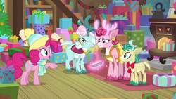 Size: 1280x720 | Tagged: safe, screencap, alice the reindeer, aurora the reindeer, bori the reindeer, pinkie pie, pony, g4, my little pony best gift ever