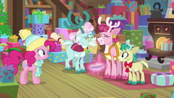Size: 1280x720 | Tagged: safe, screencap, alice the reindeer, aurora the reindeer, bori the reindeer, pinkie pie, pony, g4, my little pony best gift ever