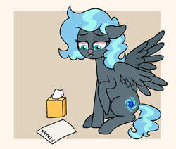 Size: 1163x985 | Tagged: safe, artist:ashidaii, oc, oc only, oc:floral rift, pegasus, pony, female, final exam, mare, paper, sick, solo, tissue box