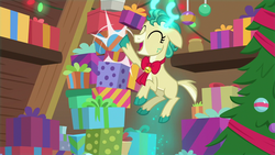 Size: 1280x720 | Tagged: safe, screencap, alice the reindeer, deer, reindeer, g4, my little pony best gift ever, christmas, christmas tree, female, holiday, pile, present, solo, tree