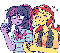 Size: 581x512 | Tagged: safe, artist:amelia-yap, sci-twi, sunset shimmer, twilight sparkle, equestria girls, g4, blush sticker, blushing, cutie mark on clothes, eyes closed, female, heart, holding hands, lesbian, ship:sci-twishimmer, ship:sunsetsparkle, shipping, simple background