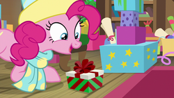 Size: 1280x720 | Tagged: safe, screencap, pinkie pie, earth pony, pony, g4, my little pony best gift ever, clothes, cute, female, mare, open mouth, present, scarf, smiling, solo, winter hat, winter outfit