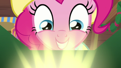 Size: 1280x720 | Tagged: safe, screencap, pinkie pie, earth pony, pony, g4, my little pony best gift ever, female, glowing, mare, smiling, solo