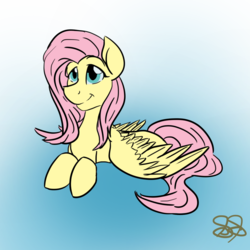 Size: 1000x1000 | Tagged: safe, artist:scribblescribe, fluttershy, pegasus, pony, g4, female, flat colors, gradient background, mare, prone, signature, smiling, solo, spread wings, three quarter view, wings