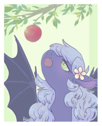 Size: 757x937 | Tagged: safe, artist:amphoera, oc, oc only, oc:nocturne keys, bat pony, pony, apple, bat pony oc, bust, flower, flower in hair, food, green background, looking at something, looking up, open mouth, portrait, reaching, simple background, solo, spread wings, tree, tree branch, wings