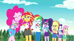 Size: 1920x1080 | Tagged: safe, edit, edited screencap, editor:liggliluff, screencap, applejack, fluttershy, pinkie pie, rainbow dash, rarity, sci-twi, spike, spike the regular dog, sunset shimmer, twilight sparkle, dog, human, equestria girls, g4, my little pony equestria girls: legend of everfree, animated, assisted exposure, clothes, converse, explosion, faint, frilly underwear, heart, heart print underwear, humane five, humane seven, humane six, magic, panties, partillery, pink underwear, power out of control, ribbon, shoes, shorts, silly panties, skirt, skirt flip, skirt lift, sneakers, sound, tank top, underwear, upskirt, webm