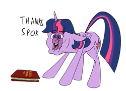 Size: 1280x928 | Tagged: safe, artist:anontheanon, twilight sparkle, alicorn, pony, g4, book, cartoon physics, female, implied spike, mare, parody, simple background, solo, twilight sparkle (alicorn), white background