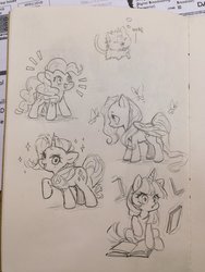 Size: 768x1024 | Tagged: safe, artist:dcon, fluttershy, pinkie pie, rarity, twilight sparkle, earth pony, pegasus, pony, unicorn, g4, book, female, mare, sketch, traditional art