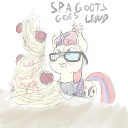 Size: 1000x1000 | Tagged: safe, artist:anontheanon, moondancer, pony, unicorn, g4, blushing, clothes, female, food, glasses, lewd, lip bite, looking up, mare, pasta, simple background, sketch, smiling, spaghetti, spagoots, sweater, white background
