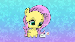 Size: 800x450 | Tagged: safe, artist:sugarheartart, angel bunny, fluttershy, g4, abstract background, chibi, cute fuel