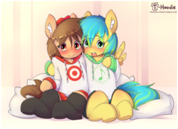 Size: 2002x1447 | Tagged: safe, artist:hoodie, oc, oc only, oc:fun fact, oc:jade melody, semi-anthro, arm hooves, blushing, clothes, cute, duo, happy, hat, hoodie, hug, pillow, pleated skirt, shorts, skirt, socks, wings