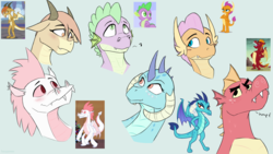 Size: 2560x1440 | Tagged: safe, artist:fuzzypones, fizzle, garble, ocellus, princess ember, smolder, spike, dragon, g4, blushing, bust, disguise, disguised changeling, dragon ocellus, dragoness, female, male, sketch, sketch dump