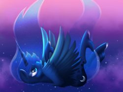 Size: 2400x1800 | Tagged: safe, artist:globug100art, princess luna, alicorn, pony, g4, abstract background, dream, falling, female, frown, horn, mare, sad, solo, unshorn fetlocks, wings