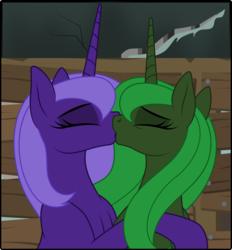 Size: 1818x1963 | Tagged: safe, artist:grypher, derpibooru exclusive, oc, oc only, oc:evening "eve" canter, oc:violet gale, alicorn, pony, fallout equestria, artificial alicorn, eyes closed, fanfic, fanfic art, female, green alicorn (fo:e), horn, kissing, lesbian, mare, oc x oc, purple alicorn (fo:e), shipping, vector, wip