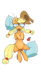 Size: 2160x3996 | Tagged: safe, artist:difis, applejack, earth pony, pony, g4, apple, applejack's hat, chest fluff, cowboy hat, female, food, hat, high res, looking at you, lying on bed, mare, on back, pillow, solo, wide eyes