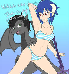 Size: 1280x1370 | Tagged: safe, artist:jonfawkes, princess ember, oc, dragon, human, series:nightmare war, g4, arm behind head, armpits, belly button, bra, breasts, clothes, crop top bra, horn, horned humanization, humanized, panties, smiling, staff, striped underwear, underwear